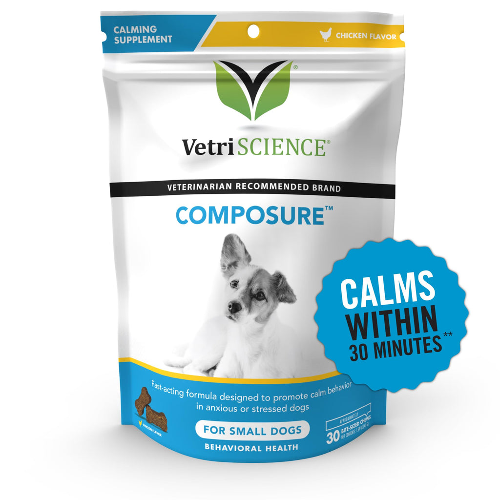 VETRISCIENCE Composure Calming Treats for Small Dogs and Puppies Anxiety, Separation Stress, Thunder and Barking - Yummy Chews Pets Love, 30 Chews Chicken 30 Count (Pack of 1)