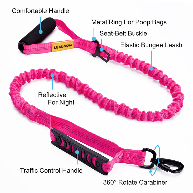 6FT Highly Reflective Heavy Duty Elastic Bungee Medium and Large Dog Leash Shock Absorbing with Comfortable Padded Handle and Traffic Handle Suitable for Training Hot Pink - PawsPlanet Australia