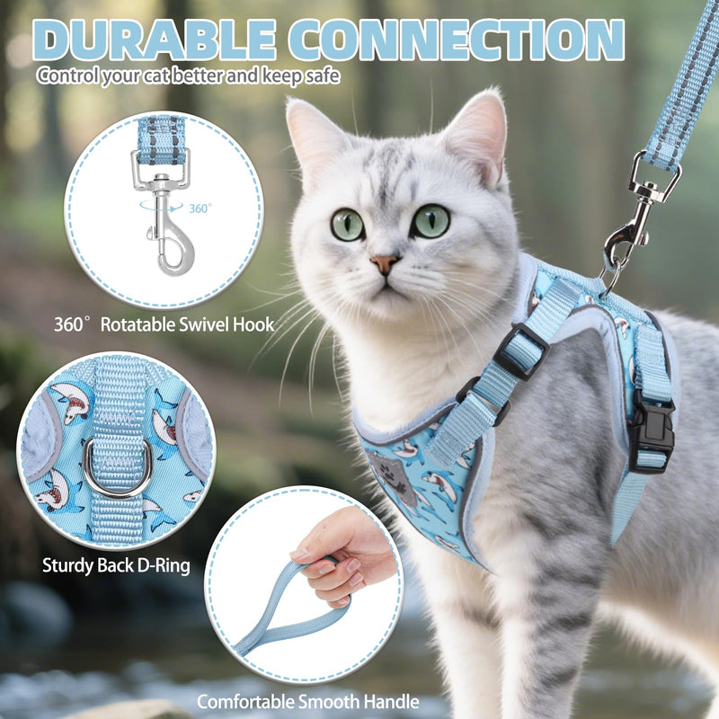 PUPTECK Cat Harness and Leash Set Escape Proof Reflective Cat Walking Harness Adjustable Soft Breathable Mesh Vest for Small Pets, Blue Sharks, M M (NECK 11"-13.7", CHEST 16"-20") - PawsPlanet Australia