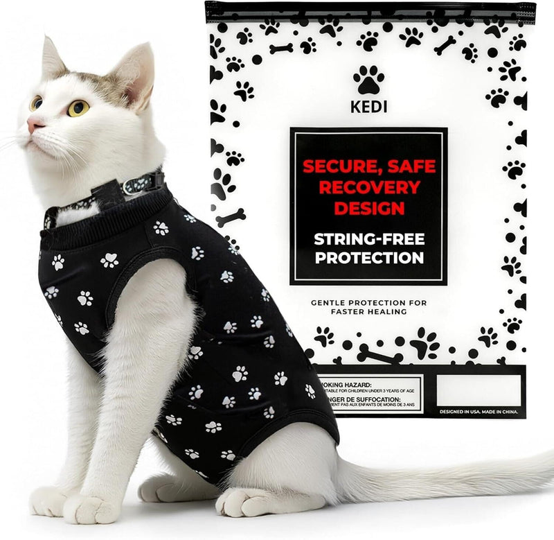 Cat Surgery Recovery Suit Female Cat Onesie for Cats After Surgery Spay Surgical Abdominal Wound Skin Diseases E-Collar Alternative Wear (Black, Medium) Black