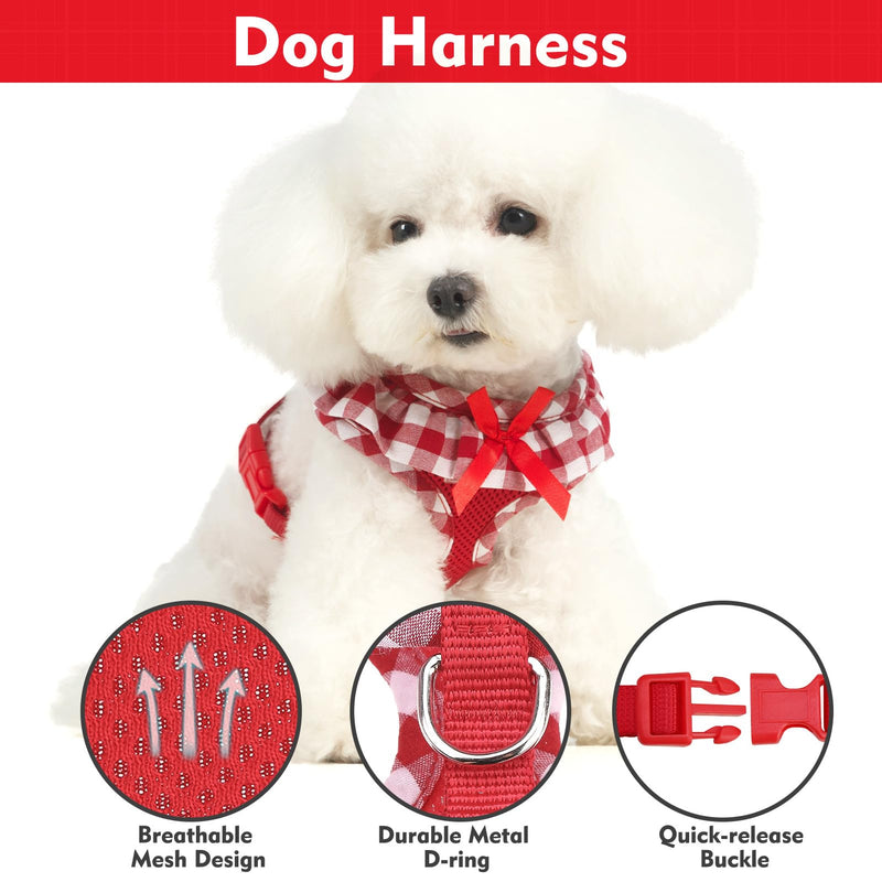 EXPAWLORER Cute Dog Harness Collar Leash Set - Red Girl Dog Harness Checkered Step-in Design, Detachable Bow Pet Collar, Adjustable No-Choke Lightweight Mesh Vest for Cats Puppy Small Dogs, S Red (with Collar) - PawsPlanet Australia