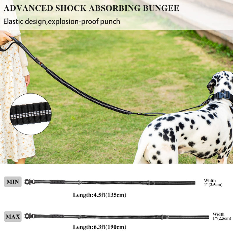 Tactical Dog Lead with Padded Handles 4.5-6.3FT Shock Absorbing Bungee Heavy Duty Reflective Lead Strong No-Pull Design Metal Carabiner Clip Car Seat Belt for Medium Large Dogs, Black - PawsPlanet Australia