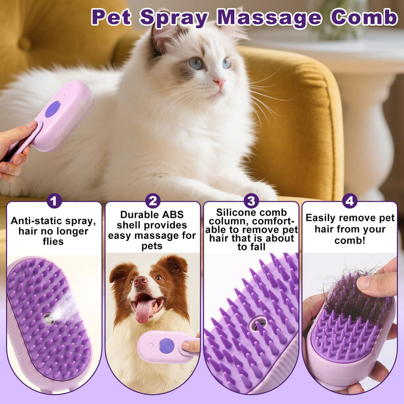 4-in-1 Pet Steam Brush for Dogs & Cats - Anti-Static Deshedding Grooming Tool with Massage & Cleaning for Long/Short Hair | Micro-B Rechargeable (Purple) - PawsPlanet Australia