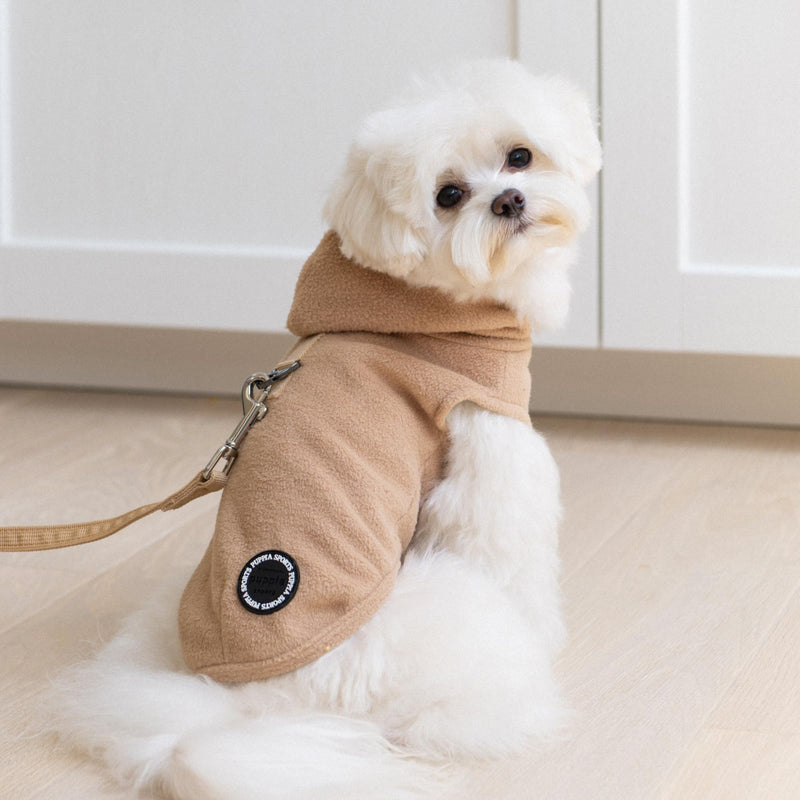 Puppia Zuko Warm Winter Hooded Polar Fleece Shirts with Integrated Harness for Small and Medium Dogs, Beige, Medium - PawsPlanet Australia