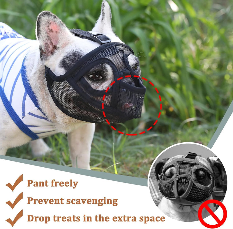 Mayerzon Short Snout Dog Muzzle, French Bulldog Muzzle with Tongue Out Design to Prevent Eating Biting Licking, Mesh Dog Muzzle for Shih Tzu Pug English Bulldog, Breathable Muzzle for Grooming Walking Black S [Head Cir: 15"-17½"]