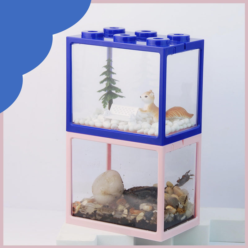 Small Sea Monkey Tank, Stackable Mini Betta Fish Tank Tinny Aquarium Kit with Aquarium Gravel, Moss Ball Tank Shrimp Tank 0.27 Gallon Acrylic Cube Fish Bowl for Shrimp Snails Pink - PawsPlanet Australia