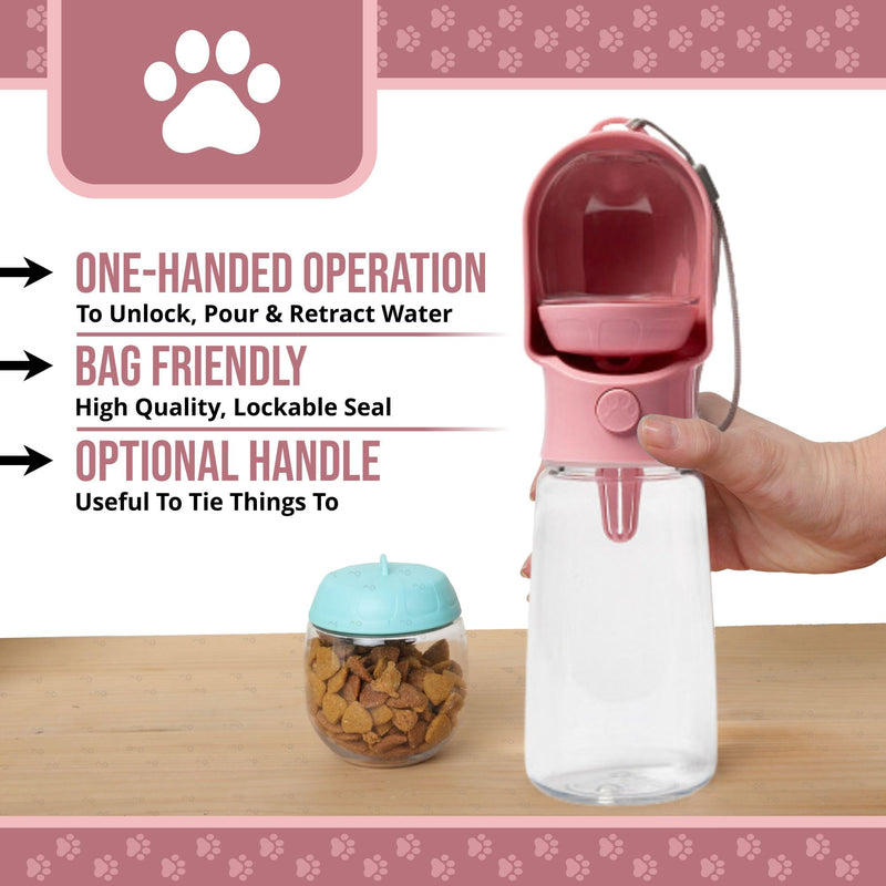Leak Proof Portable Dog Water Bottle with Bowl – Travel Pet Water Dispenser for Walking & Hiking – Food Grade Plastic – Choose from 3 Colors (Pink, 320 ml) Pink - PawsPlanet Australia