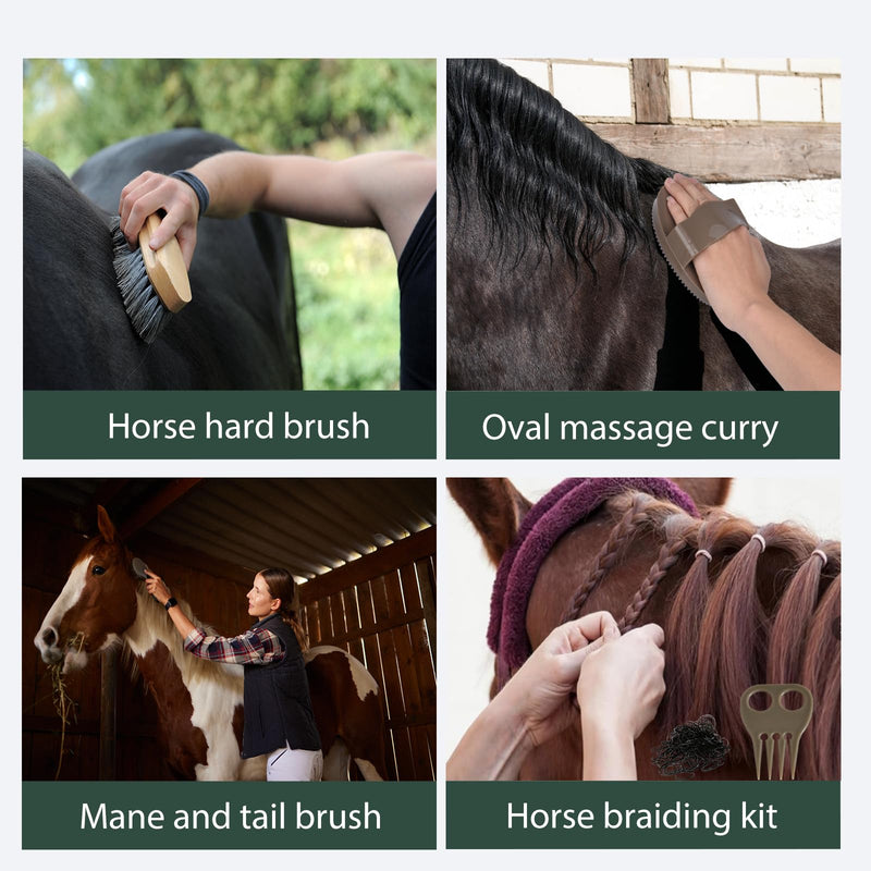 Horse Grooming Kit 13 Piece, Horse Brushes for Grooming Supplies Set with Organizer Bag, Horse Brush & Curry Comb for Effective Cleaning, Gift for Horses Riders Beginners Brown Green