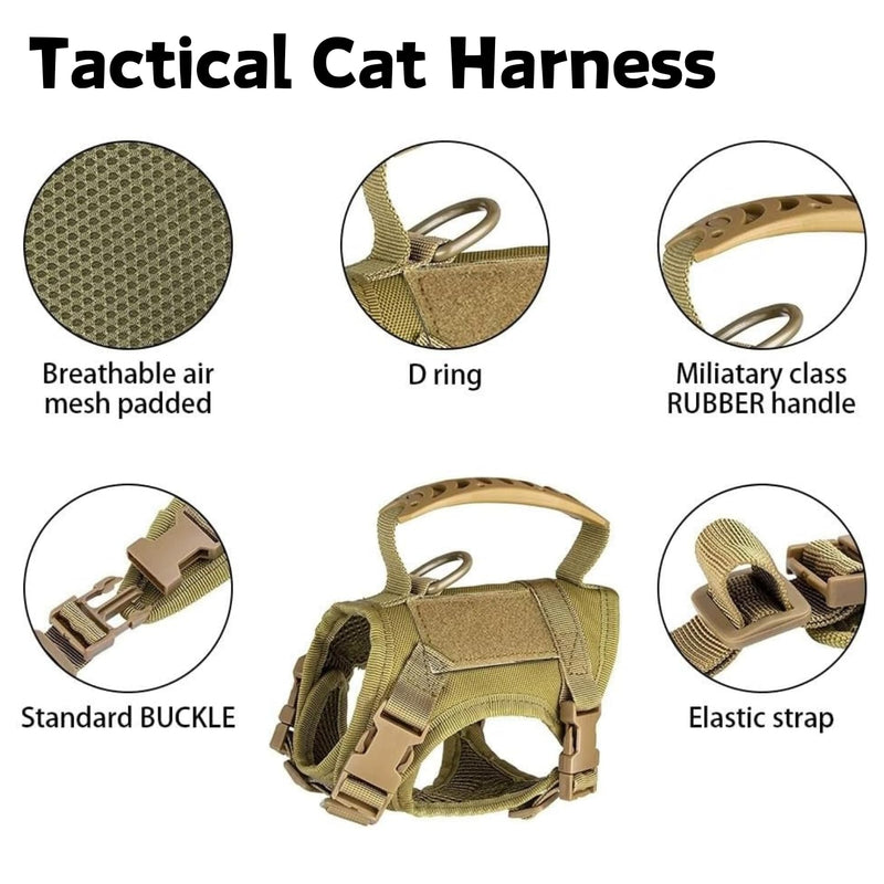 Tactical Cat Harness and Leash Set for Walking Escape Proof Adjustable Large Cat Vest Harness with Patches Soft Mesh Padding Rubber Handle Easy to Control (Khaki Harness & Leash) Khaki Harness & Leash - PawsPlanet Australia