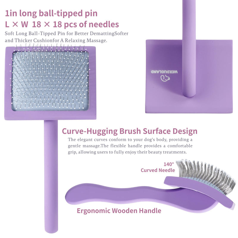 Gently Grooming Slicker Brush with Coated Tips for Long-Haired Dogs-Ergonomic Wooden Handle, Long Pins for Grooming Goldendoodles Poodles Purple