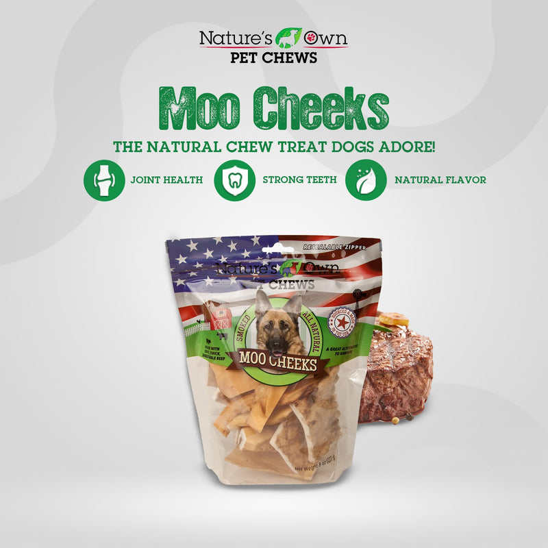 Nature's Own Pet Chews Pet Chews Smoked Moo Moo Cheeks 8 oz - Nature's Own Pet Chews Bag Treat - 100% Natural Made with Soft, Thick, Digestable Beef - Pack of 2