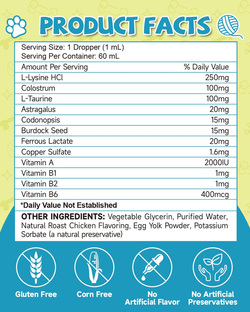 L-Lysine for Cats,Lysine Drops Immune Support Supplement,Sneezing,Cold,Allergy Relief,Runny Nose,Feline Respiratory,Natural Antibiotics for Cats with Colostrum,Taurine Cat(Roast Chicken Flavor/2floz)