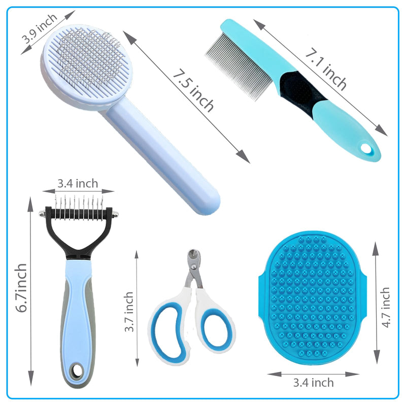 Grooming Brush Kit - 5pcs for Shedding & Matted Fur, Self-Cleaning with Flea Comb for Indoor Long-Haired Cats, Blue Blue Long - PawsPlanet Australia