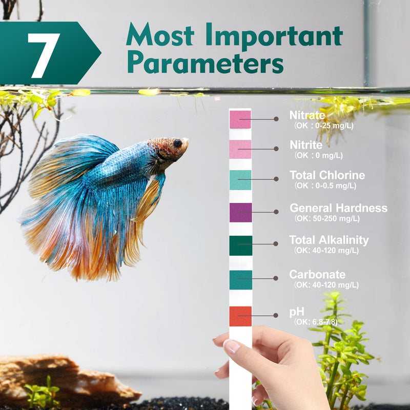 7 in 1 Aquarium Test Strips, 125ct Fish Tank Test Strips for Freshwater Saltwater Pond, Accurate Water Testing Kit Aquarium for Chlorine, Total Hardness, Carbonate, Alkalinity, Nitrate, Nitrite and pH - PawsPlanet Australia