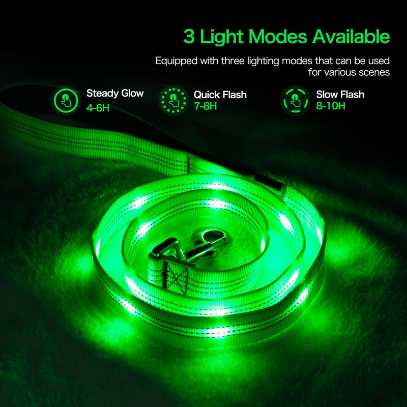 Weesiber Glowing Light Up LED Dog Leash - 4ft USB Rechargeable Flashing Nylon Leash for Small Medium Large Dogs, 3 Flash Modes (Green) Green