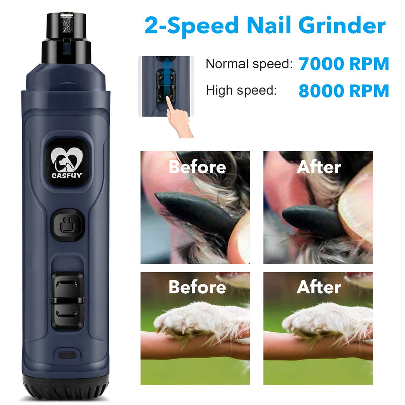 Casfuy Dog Nail Grinder with 2 LED Light - New Version 2-Speed Powerful Electric Pet Nail Trimmer Professional Quiet Painless Paws Grooming & Smoothing for Small Medium Large Dogs and Cats (Blue) B-Blue - PawsPlanet Australia