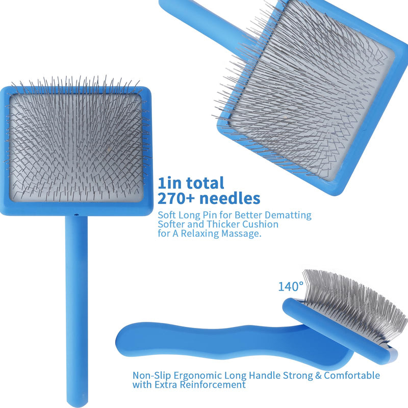 Ergonomic Slicker Brush for Long-Haired Dogs, Wooden Handle Dog Brush,Goldendoodles, Labradoodles, Poodles Long Pins for Grooming Loose Hair，Effectively Removes Tangles, Knots and Loose Fur Blue