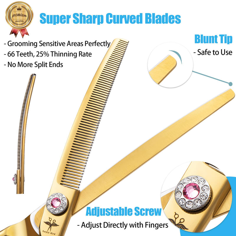 PURPLEBIRD 7 Inch Downward Curved Dog Grooming Scissors Thinning Texturizing Shears Professional Safety Blunt Tip Trimming Shearing for Dogs Cats Face Paws Limbs Japanese Stainless Steel Yellow Yellow Thinning - PawsPlanet Australia