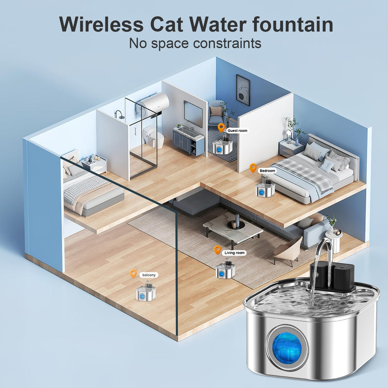 Wireless Cat Water Fountain，[Rechargeable & Faucet ] Stainless Steel Battery Operated Cat Water Fountain, 108oz/ 3.2l Automatic Cordless Pet Fountain -Dog Fountain with 4200 Mah Battery Wireless cat fountain - PawsPlanet Australia