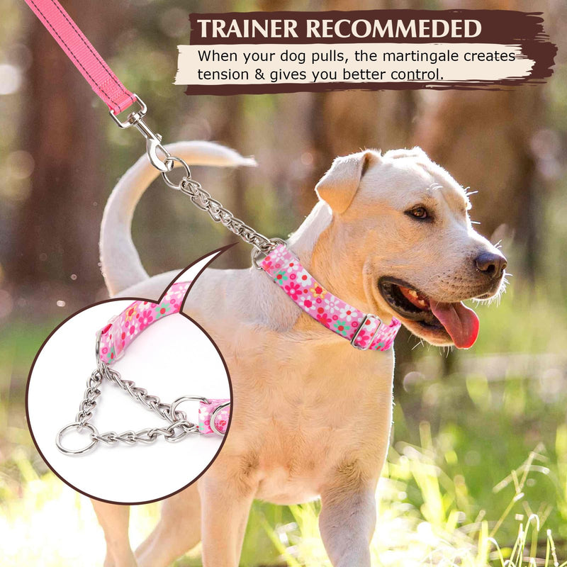 Martingale Collar for Dogs with Nylon & Steel Chain Limited Cinch Design, No Choke Dog Collar with Pink Flower Design, Adjustable No Pull Dog Collar, Great for Whippets, Greyhounds and More (M) 2 M