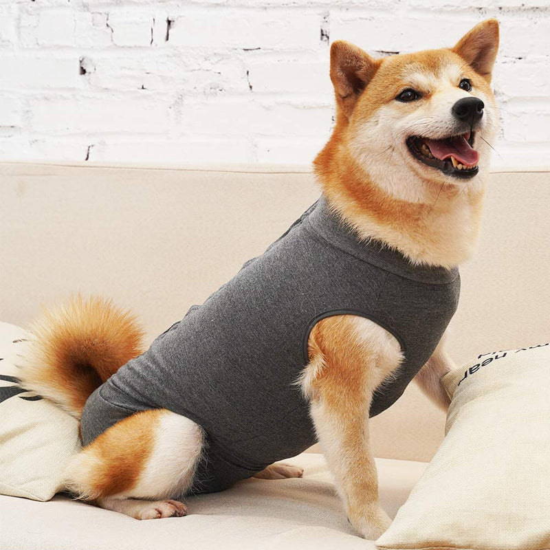Dog Recovery Suit Abdominal Wound Puppy Surgical Clothes Post-Operative Vest Pet After Surgery Wear Substitute E-Collar & Cone (M, Grey) Medium (Pack of 1)