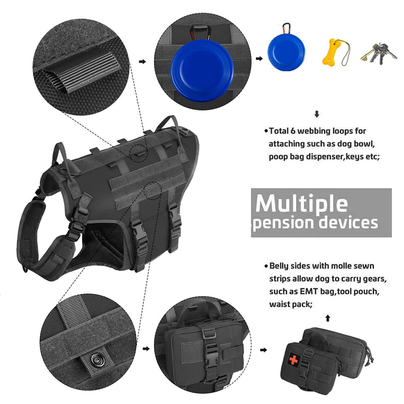 Tactical Dog Vest Harness and Training Dog Collar with Bungee Dog Leash Set No Pull Military Dog Harness with 2 Detachable and 1 Water Bottle Pouches for Outdoor Training Service, Black L - PawsPlanet Australia