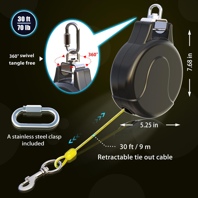 30ft Retractable Dog Leash, 2-in-1 Retractable Dog Lead for Zipline, Aerial Run Cable Trolley Or Stake Anchor, No Tangle Lead Reel for Camping Or Yard (1 Pack- Black) 1 Pack- Black - PawsPlanet Australia