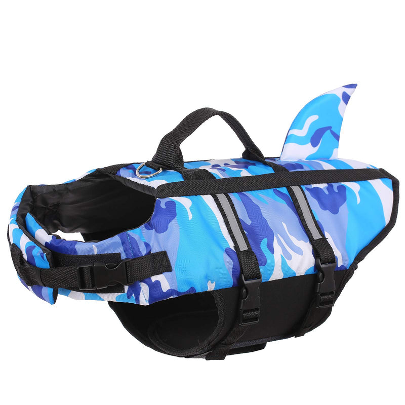 Queenmore Dog Life Jacket Pet Safety Vest High Buoyancy Camouflage Color Cute Shark with Strong Rescue Handle and Leash Ring for Boating, Canoeing, Surfing, Hunting X-Small Blue Camo