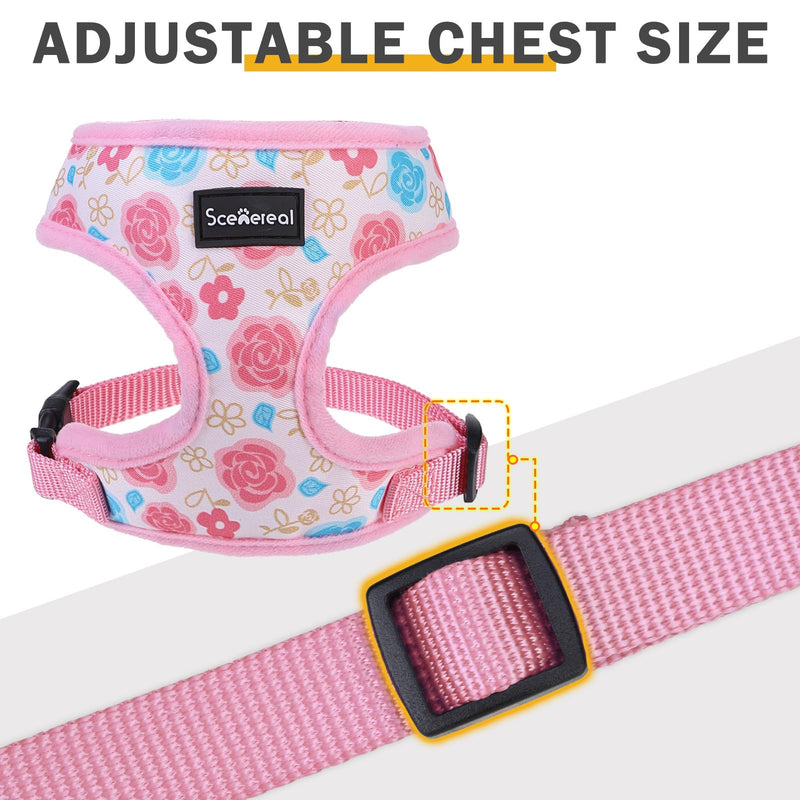 SCENEREAL Small Dog Harness Collar and Leash Set, Adjustable No Pull Pet Harnesses, No Chock Soft Mesh Step in Vest for Doggie Puppy Medium Dogs Cats Girl or Boy,Chihuahua, Yorkie, Outdoor Walking Pink-Floral (With Collar) S: Chest Girth: 14"-18" - PawsPlanet Australia