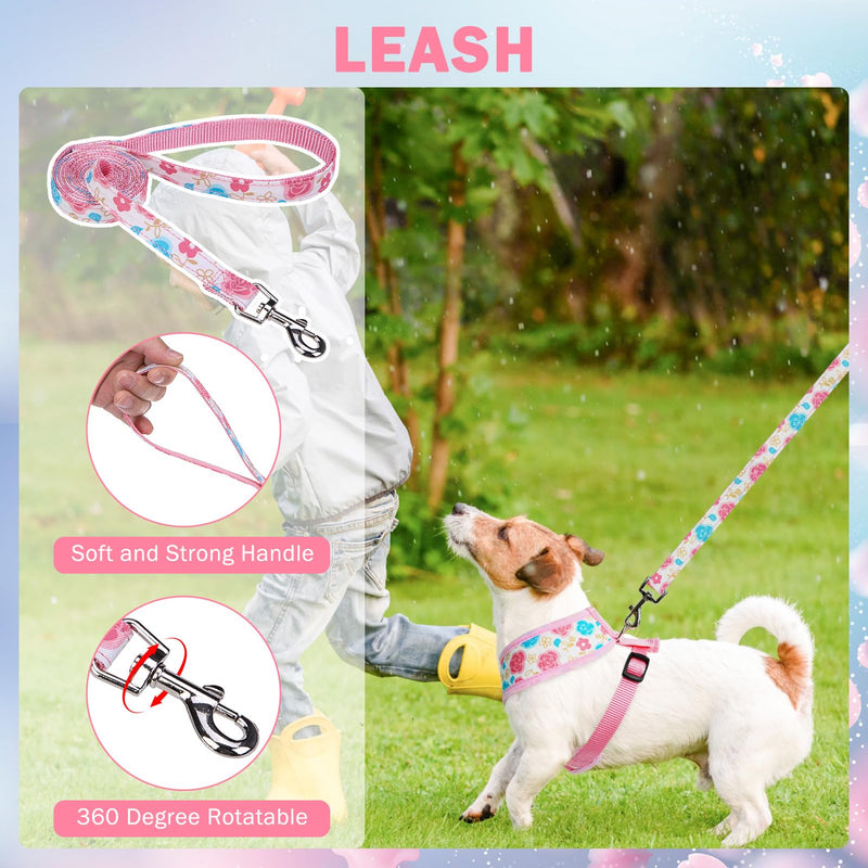 SCENEREAL Small Dog Harness Collar and Leash Set, Adjustable No Pull Pet Harnesses, No Chock Soft Mesh Step in Vest for Doggie Puppy Medium Dogs Cats Girl or Boy,Chihuahua, Yorkie, Outdoor Walking Pink-Floral (With Collar) S: Chest Girth: 14"-18" - PawsPlanet Australia