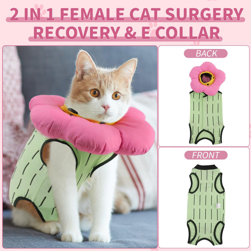 EMUST 2PCS Cat Recovery Suit and Cat Cone Collar Female, Cute Cat Surgical Suit for Abdominal Wounds or Skin Diseases, Adjustable Flower Neck Cat Cone Collar Soft for Cats 4-8lb(Green, M) Medium Green