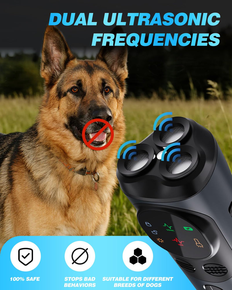 2026 Ultrasonic Dog Bark Deterrent Devices with 3 Emitters & SOS Flashlight, Humane Anti-Bark Trainer, 50FT Range, 90-Day Battery, Multi-Mode Rechargeable Dog Deterrent Black