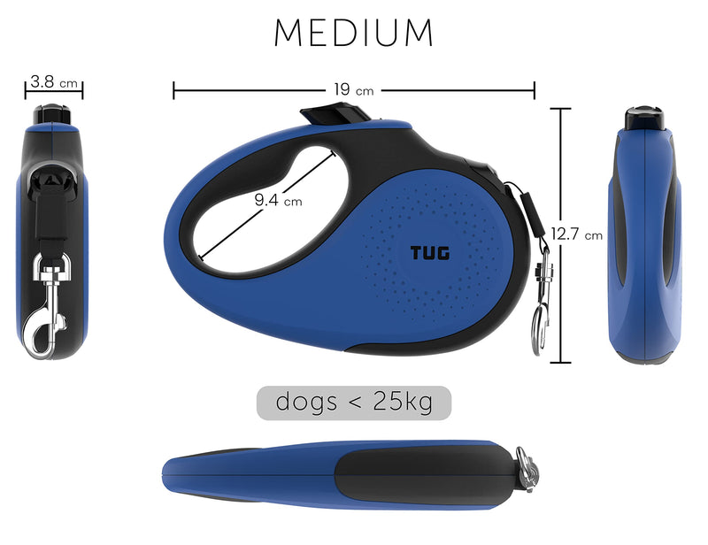 TUG 360° Tangle-Free Retractable Dog Lead for Up to 25 kg Dogs | 5 m Strong Nylon Tape | One-Handed Brake, Pause, Lock (Medium, Blue) M (Pack of 1)
