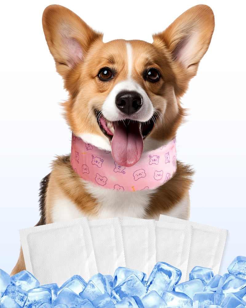 Hosiwei Dog Cooling Collar with Ice Packs - Adjustable Pet Cooling Bandana for Summer, Reusable & Freezable Neck Wrap Scarf for Dogs - Hot Weather Chill Out Accessory Pink Bear Medium