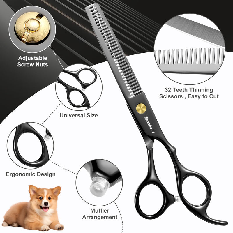 Professional Dog Grooming Scissors Set - 6.5" Thinning, 7" Straight, 7" Up-Curved, 7" Down-curved Scissors and Comb for Dog Cat Pet (Black) Black - PawsPlanet Australia