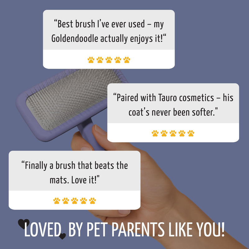 Tauro Pro Line Slicker Brush for Dogs & Cats, Deshedding, Dematting & Detangling Grooming Tool for Medium to Long Coats, Ideal for Retrievers & Maine Coons, Flexible Cushion, Purple, Large Size (L) Rectangular - L