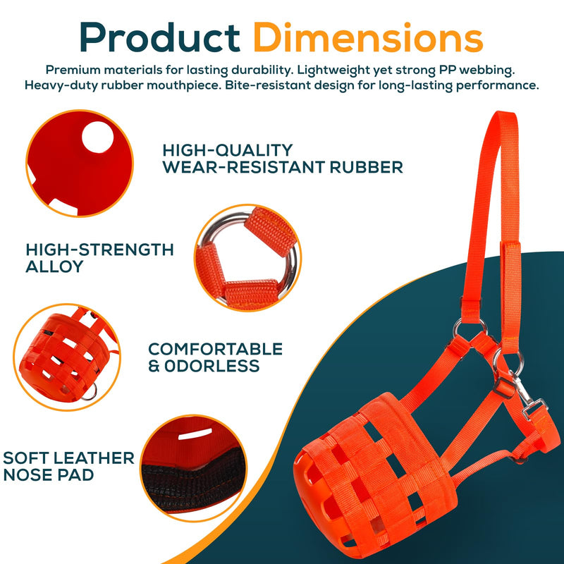 Durable Ventilated Grazing Muzzle with Attached Breakaway Halter - Lightweight Horse Muzzle, Supports Natural Grazing, Restricts Food Intake, Padded Noseband Onyx Orange
