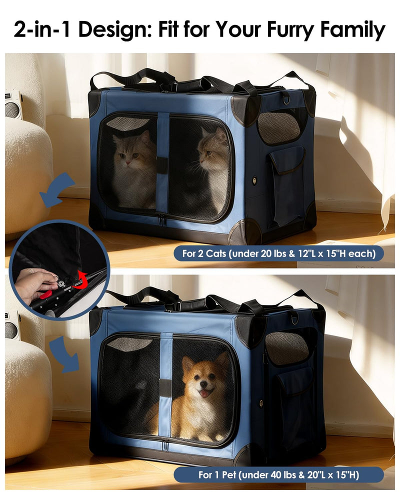 Extra Large Cat Carrier for 2 Cats, XL with Removable Divider, Foldable Soft-Sided Pet Carrier with Storage Tote, Portable Travel Crate for Large Cats, for Car & Home Use, 24" x 17" x 17" Blue