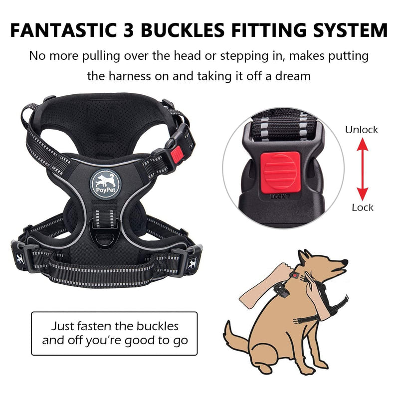 PoyPet No Pull Dog Harness with Neck Release Buckle, Reflective No-Choke Harness with 2 Leash Clip, Adjustable Soft Padded Pet Vest with Easy Control Handle for Medium Dogs (Black,M) M Black - PawsPlanet Australia