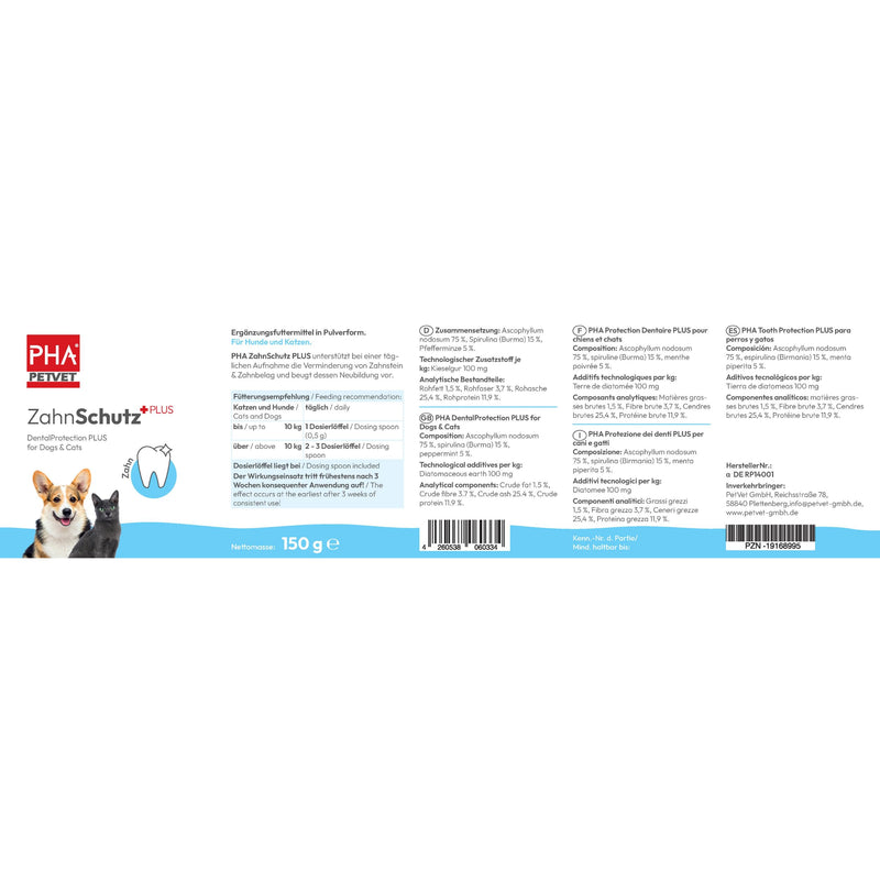 PHA Zahnschutz Plus Dental Powder for Dogs and Cats - Reduction of Tartar and Tartar, Against Bad Breath, Dental Care Dog Cat Teeth Cleaning, 150g 150g