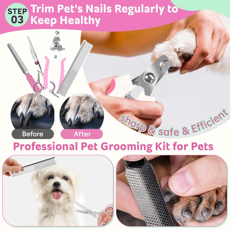 13Pcs Pet Grooming Kit - Dog Cat Deshedding Brush, Nail Clippers with File, Hair Remover Gloves & Bath Tools for Long/Short Haired Pets, Grooming Tool for Long and Short Haired Pets Pink 13pcs - PawsPlanet Australia
