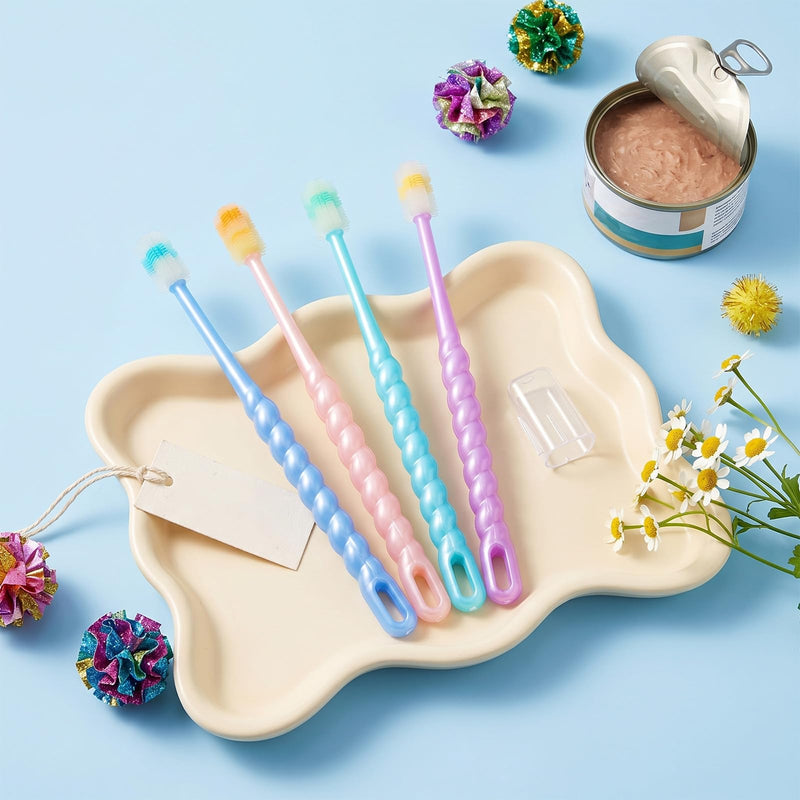 4-Piece Cat Toothbrush, Dog Toothbrush for Small Dogs, 360 Degree Cleaning Dog Toothbrush, Reusable Bristle Long Handle Toothbrush (Pink, Purple, Blue, Green)