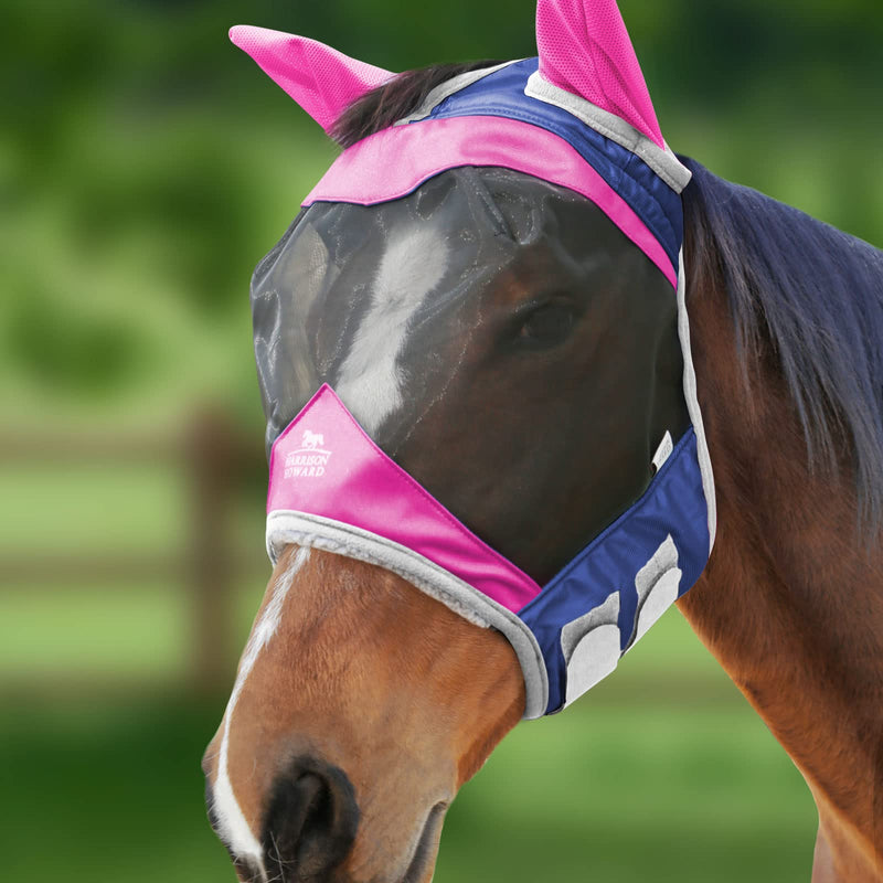 Harrison Howard Luxe Dual-Tone Horse Fly Mask Half Face with Ears Fully Visible UV-Blocking Fine Mesh Soft Fleece Edging for Extra Comfort Fuchsia/Navy L Full Size Full (Large)