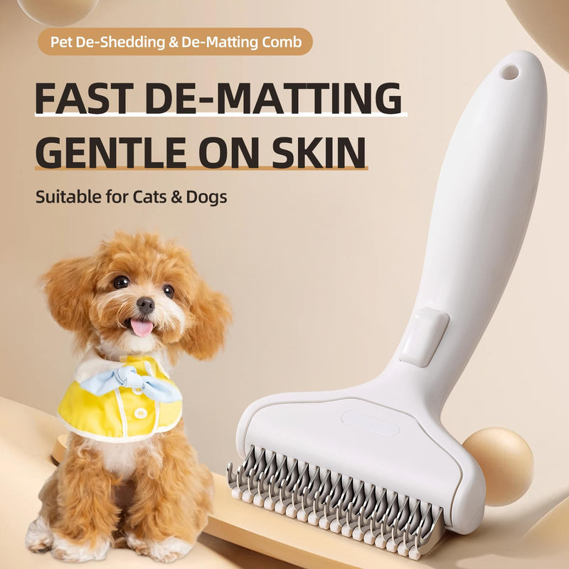 Pet Grooming Combo Tool for Cats and Dogs, Deshedding and Dematting Rake with Metal Comb forDetangling Long, Matted Fur (White) White