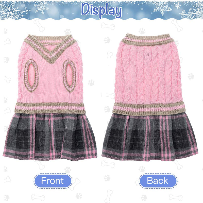 BINGPET Dog Sweater Dress - Plaid Pattern - Warm Pullover with Leash Hole V-Neck Knitwear Pet Sweater Cat Knitted Dress One-Piece Dress for Small to Medium Dog and Cat Pink - PawsPlanet Australia