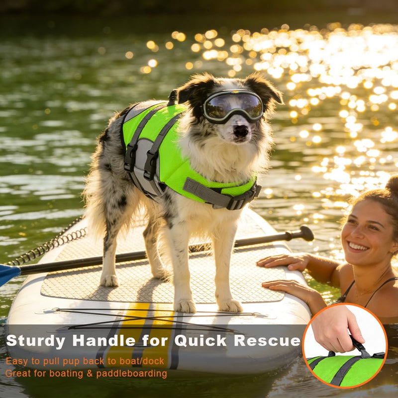 Mklhgty Dog Life Jacket, Reflective Adjustable Dog Life Vest with Rescue Handle for Swimming and Boating, Ripstop Pet Safety Life Preserver for Small, Medium and Large Dogs Green X-Small - PawsPlanet Australia