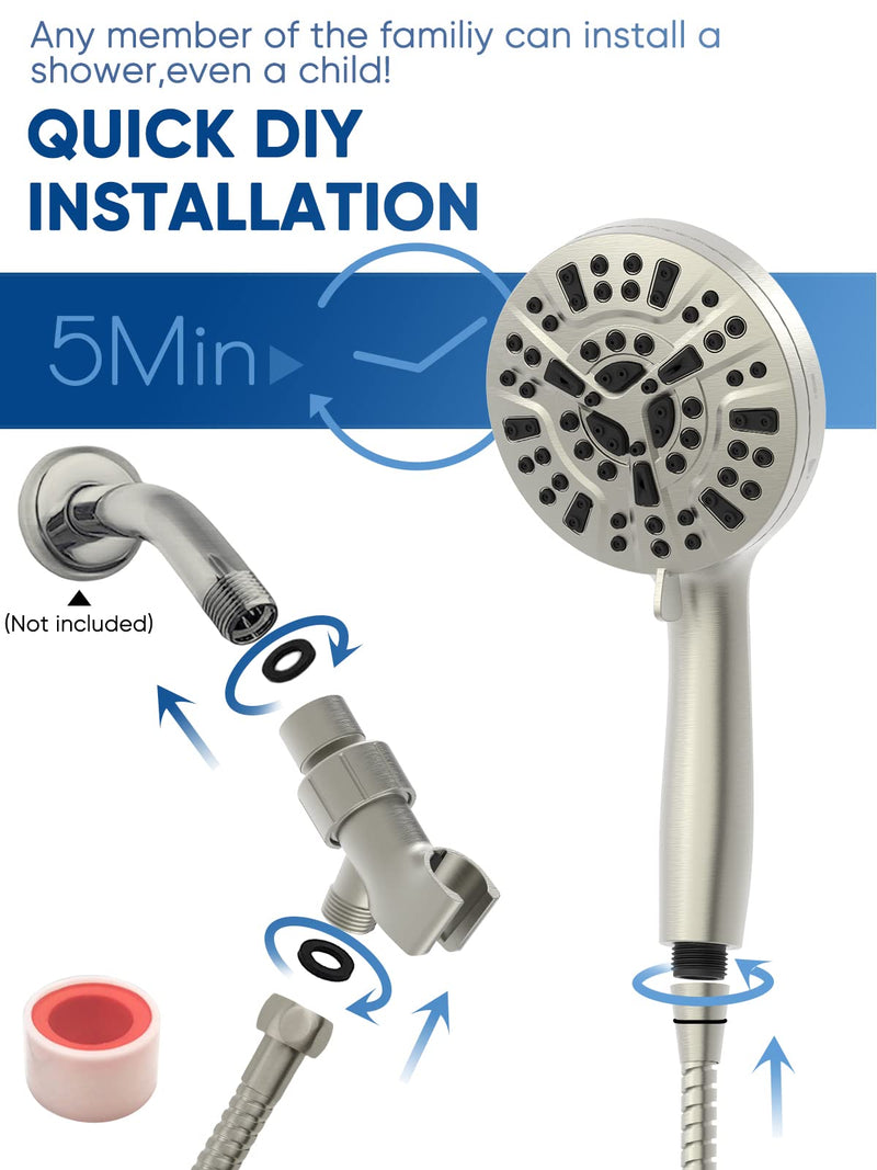 Pavezo® High Pressure Shower Head Handheld 5" Large, 10-mode Portable Detachable Shower Head with Hard Water Filter, Extra Long 60" SS Hose, Anti-clog & Powerful to Clean Tile & Pets, Brushed Nickel O Brushed Nickel - PawsPlanet Australia