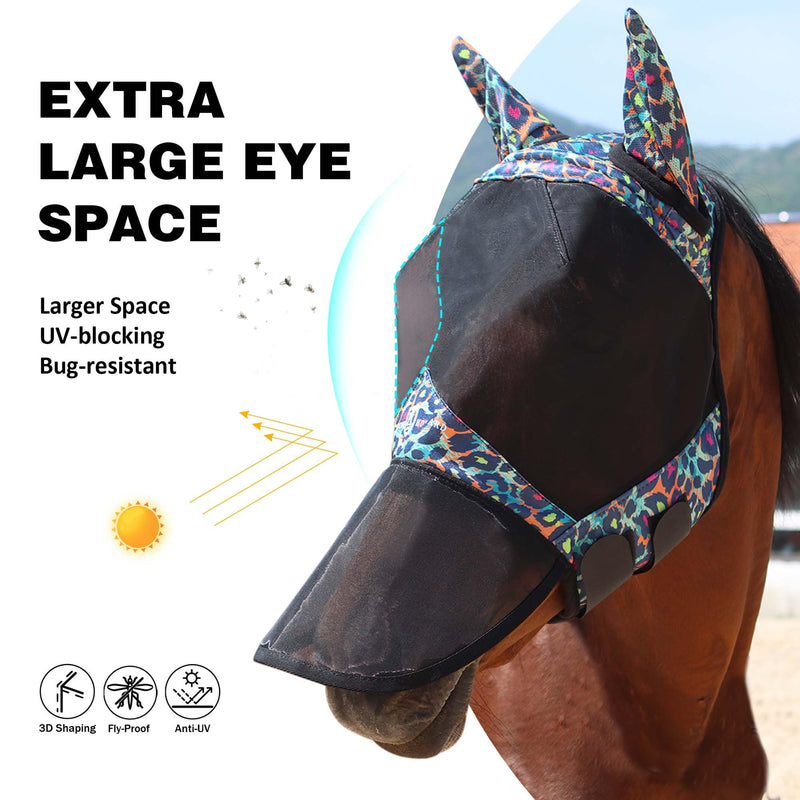 Harrison Howard Pro LumiVista Horse Full Face Fly Mask Large Eye Space Long Nose with Ears UV Protection for Horse Iridescent Prints L - PawsPlanet Australia