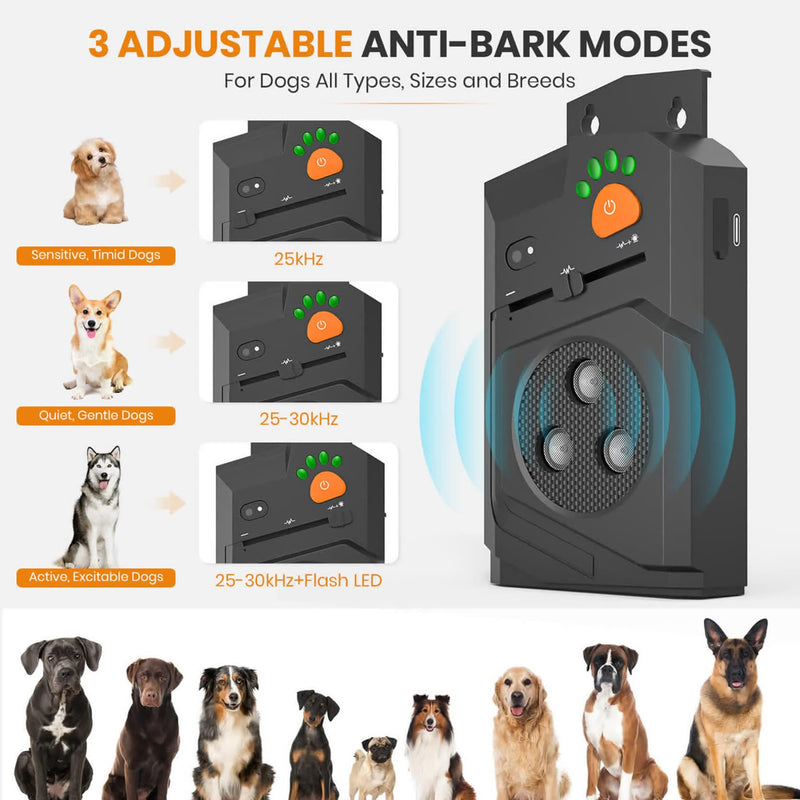 Automatic Anti Barking Device for Dogs, Ultrasonic Dog Bark Deterrent with 3 Emitters, 50Ft Range, No Shock Barking Silencer, IP66 Waterproof for Outdoor & Indoor Black