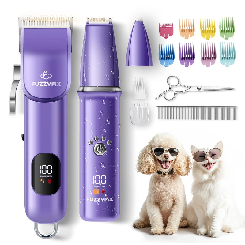 Dog Grooming Kit, Dog Clippers for Grooming for Thick Curly Coats, Professional Pet Hair Shaver Paw Trimmer Cordless Rechargeable Low Noise for Dogs Cats Animals Face Ear Purple